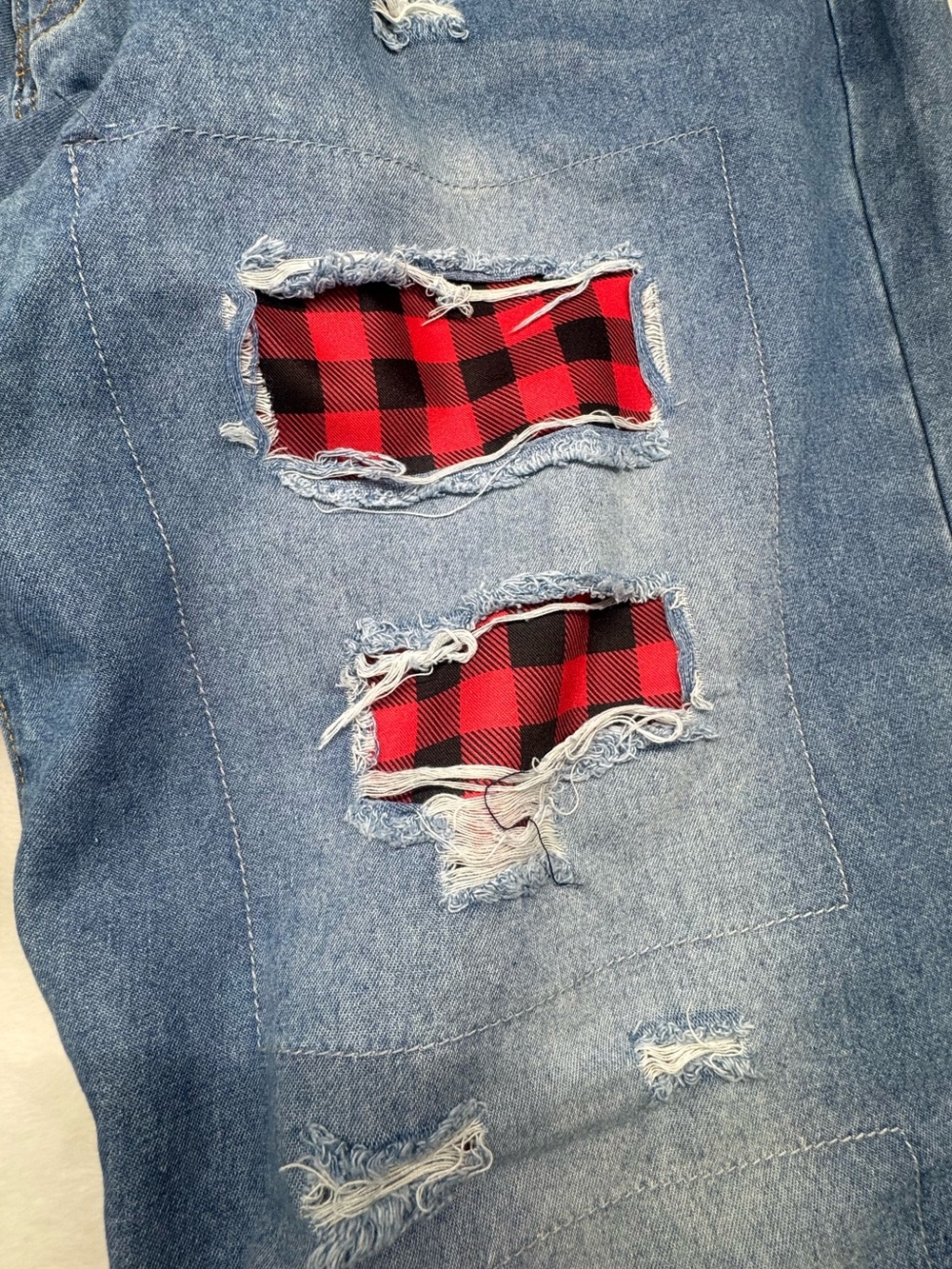Distressed Buffalo Plaid Patch Jeans Light Wash Wide Leg Estimated Plus Size - Picture 5 of 11